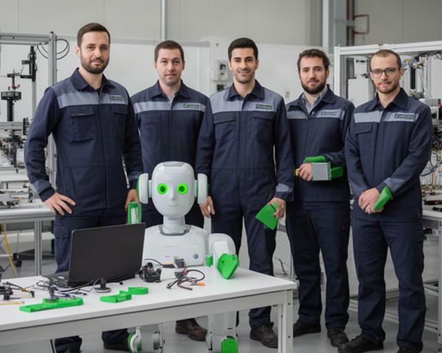 Equipo técnico de Zamarra Servicios Robóticos, S.L. en sus instalaciones de Reboreda e Nogueira, Galicia, junto a un robot humanoide en fase de pruebas y configuración